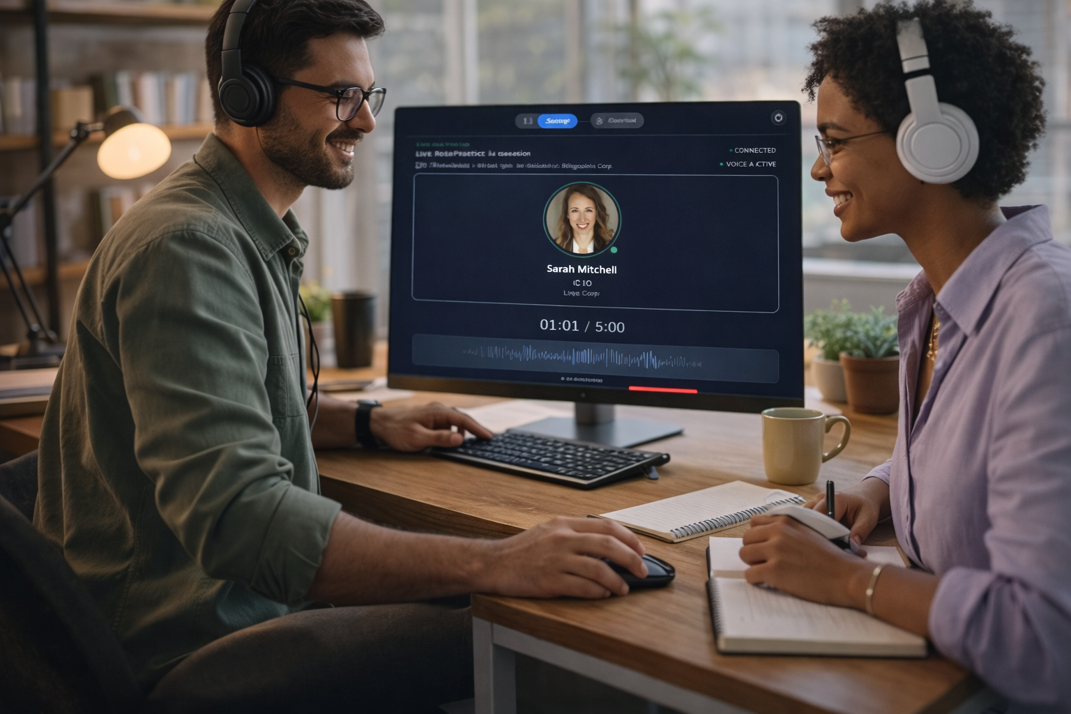 Sales professional practicing with AI-powered roleplay training